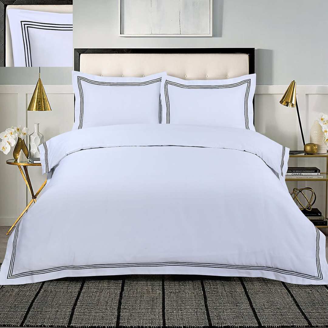 Cotton Duvet Cover Set White with Black Embroidery