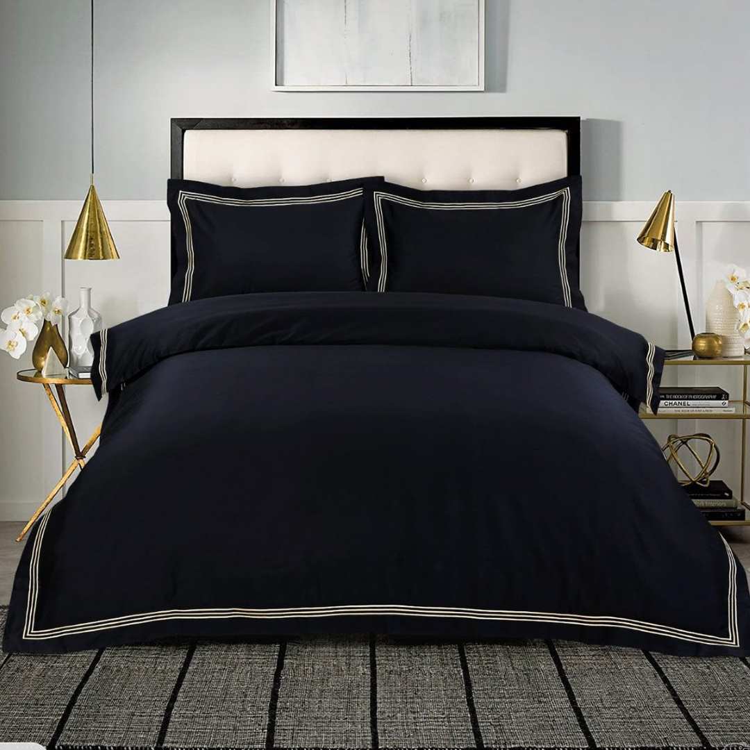 Cotton Duvet Cover Set Black with Gold Embroidery
