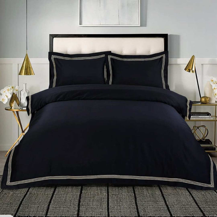 Cotton Duvet Cover Set Black with Gold Embroidery