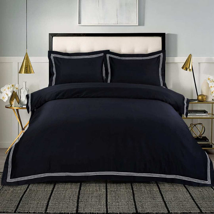 Cotton Duvet Cover Set Black with Silver Embroidery