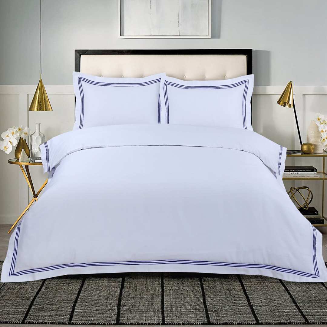 Cotton Duvet Cover Set White with Blue Embroidery