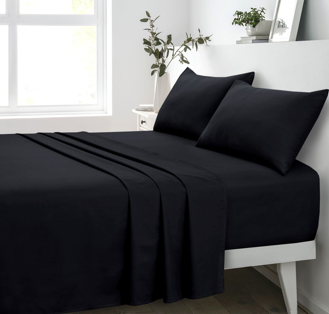 Cotton Flat Sheet, Fitted Sheet & Pillow Cases Black