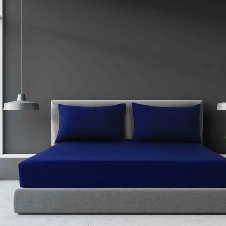 Navy blue fitted sheets available in Double, Queen, King and Super King sizes.