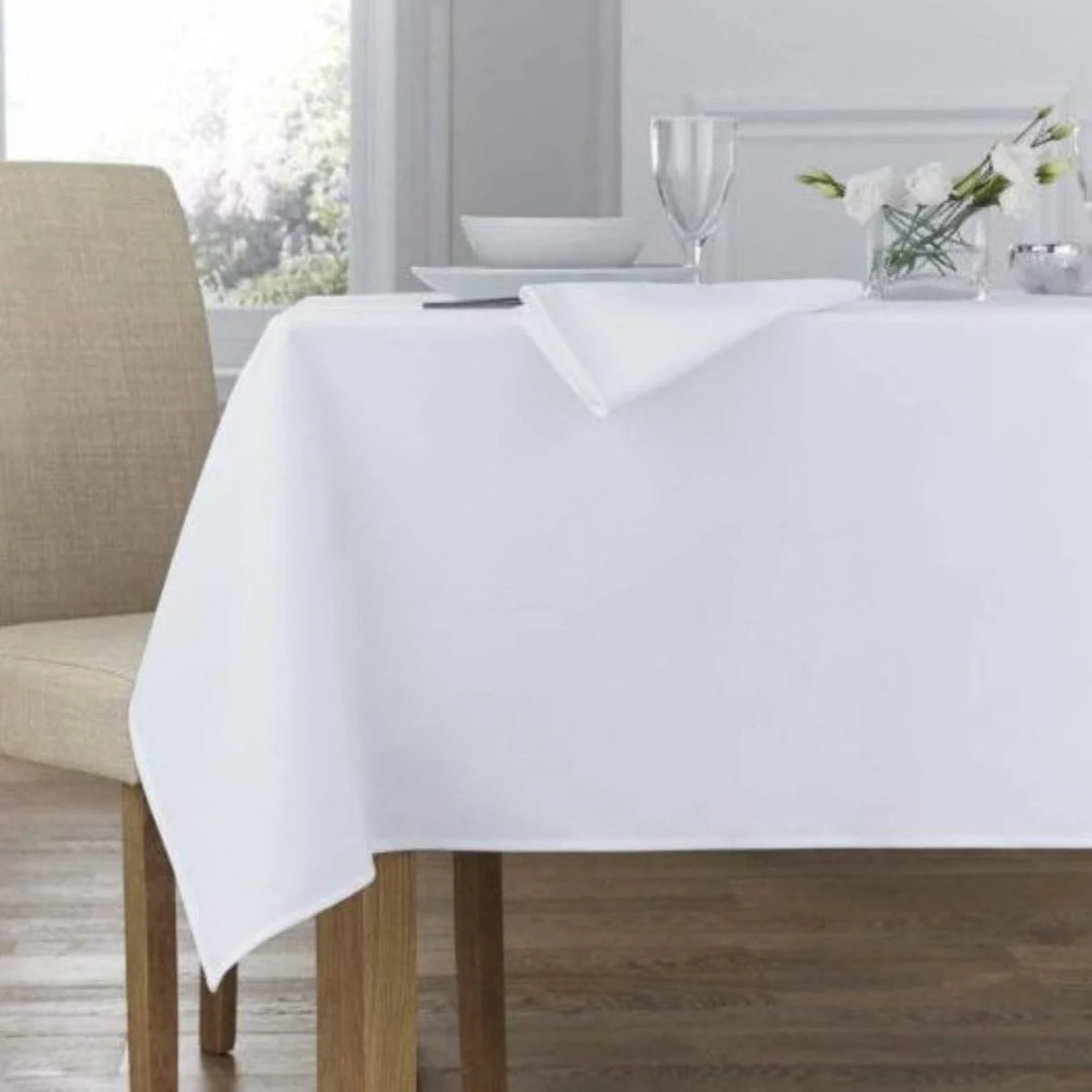 Heavy duty white linen table cloth for dining tables, hospitality and everyday home use in New Zealand.