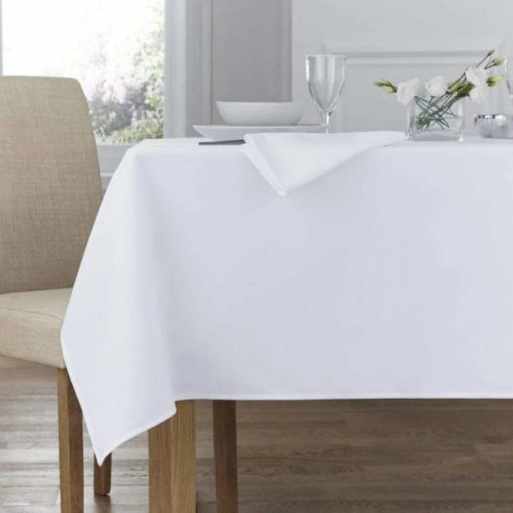 Heavy duty white linen table cloth for dining tables, hospitality and everyday home use in New Zealand.