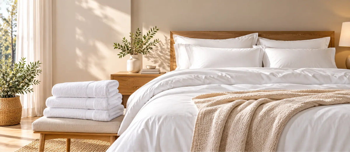 White bed linen with layered pillows and a beige throw, beside folded bath towels in a sunlit bedroom.