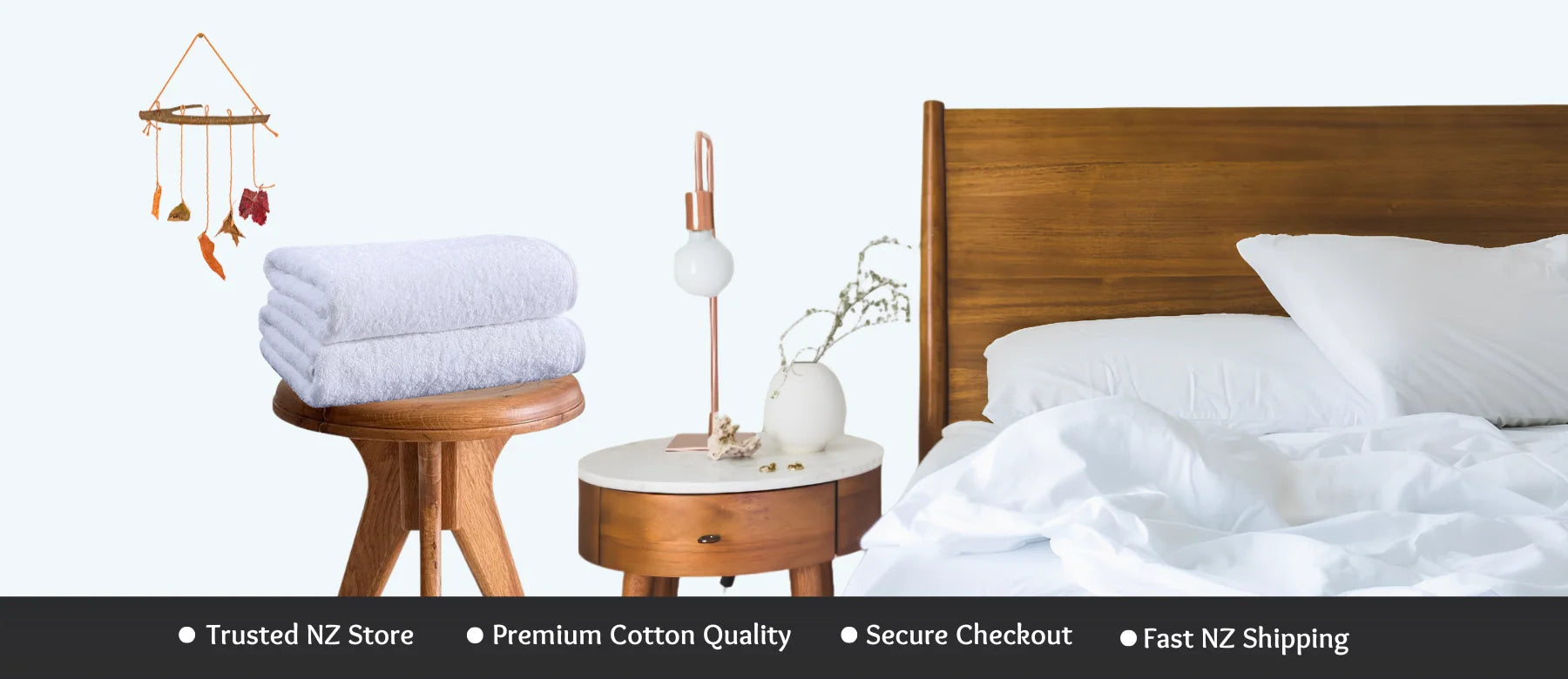 Bedroom scene with Luxury bedding and premium towels designed for comfortable New Zealand homes by Linen King NZ