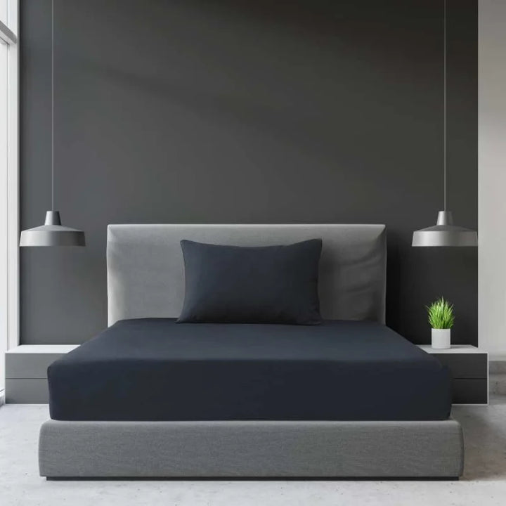 Grey fitted sheet set with matching pillowcases for Single and King Single beds.