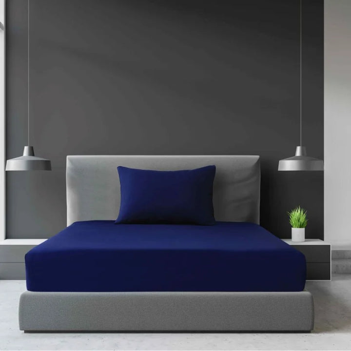 Navy blue fitted sheets available in Single and King Single sizes.